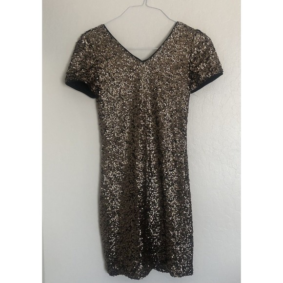 She + Sky  Gold Metallic shimmer sequin cocktail party dress Size Small - Picture 1 of 9
